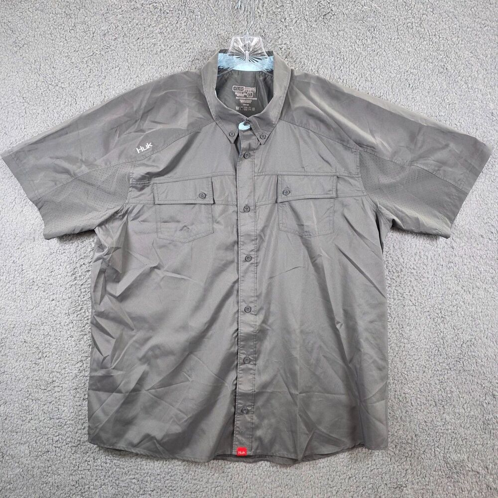 Huk Performance Men's Fishing Button Down Vented Short Sleeve Gray Shirt Size XL